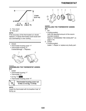 Page 302THERMOSTAT
6-8
NOTE:
If the accuracy of the thermostat is in doubt, 
replace it. A faulty thermostat could cause seri-
ous overheating or over cooling.
▲▲▲▲▲▲▲▲▲▲▲▲▲▲▲▲▲▲▲▲▲▲▲▲▲▲▲▲▲▲
2. Check:
 Thermostat housing cover “1”
 Thermostat housing “2”
Cracks/damage → Replace.
EAS26460
ASSEMBLING THE THERMOSTAT ASSEM-
BLY
1. Install:
 Thermostat housing “1”
 Thermostat “2”
 O-ring “3” 
 Thermostat housing cover “4”
NOTE:
Install the thermostat with its breather hole “a” 
facing up.
EAS26480
INSTALLING...