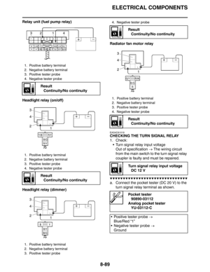 Page 408ELECTRICAL COMPONENTS
8-89
Relay unit (fuel pump relay)
Headlight relay (on/off)
Headlight relay (dimmer)Radiator fan motor relay
EAS4C81019
CHECKING THE TURN SIGNAL RELAY
1. Check:
 Turn signal relay input voltage
Out of specification → The wiring circuit 
from the main switch to the turn signal relay 
coupler is faulty and must be repaired.
▼▼▼▼▼▼▼▼▼▼▼▼▼▼▼▼▼▼▼▼▼▼▼▼▼▼▼▼▼▼
a. Connect the pocket tester (DC 20 V) to the 
turn signal relay terminal as shown.
1. Positive battery terminal
2. Negative battery...