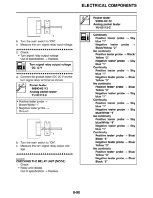 Page 409ELECTRICAL COMPONENTS
8-90
b. Turn the main switch to “ON”.
c. Measure the turn signal relay input voltage.
▲▲▲▲▲▲▲▲▲▲▲▲▲▲▲▲▲▲▲▲▲▲▲▲▲▲▲▲▲▲
2. Check:
 Turn signal relay output voltage
Out of specification → Replace.
▼▼▼▼▼▼▼▼▼▼▼▼▼▼▼▼▼▼▼▼▼▼▼▼▼▼▼▼▼▼
a. Connect the pocket tester (DC 20 V) to the 
turn signal relay terminal as shown.
b. Turn the main switch to “ON”.
c. Measure the turn signal relay output volt-
age.
▲▲▲▲▲▲▲▲▲▲▲▲▲▲▲▲▲▲▲▲▲▲▲▲▲▲▲▲▲▲
EAS28050
CHECKING THE RELAY UNIT (DIODE)
1. Check:
 Relay unit...