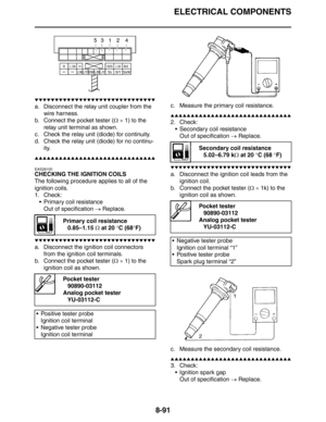 Page 410ELECTRICAL COMPONENTS
8-91
▼▼▼▼▼▼▼▼▼▼▼▼▼▼▼▼▼▼▼▼▼▼▼▼▼▼▼▼▼▼
a. Disconnect the relay unit coupler from the 
wire harness.
b. Connect the pocket tester (Ω × 1) to the 
relay unit terminal as shown.
c. Check the relay unit (diode) for continuity.
d. Check the relay unit (diode) for no continu-
ity.
▲▲▲▲▲▲▲▲▲▲▲▲▲▲▲▲▲▲▲▲▲▲▲▲▲▲▲▲▲▲
EAS28100
CHECKING THE IGNITION COILS
The following procedure applies to all of the 
ignition coils.
1. Check:
 Primary coil resistance
Out of specification → Replace....