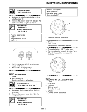 Page 413ELECTRICAL COMPONENTS
8-94
▼▼▼▼▼▼▼▼▼▼▼▼▼▼▼▼▼▼▼▼▼▼▼▼▼▼▼▼▼▼
a. Set the engine tachometer to the ignition 
coil of cylinder #1.
b. Connect the pocket tester (AC 20 V) to the 
rectifier/regulator coupler as shown.
c. Start the engine and let it run at approxi-
mately 5000 r/min.
d. Measure the charging voltage.
▲▲▲▲▲▲▲▲▲▲▲▲▲▲▲▲▲▲▲▲▲▲▲▲▲▲▲▲▲▲
EAS28180
CHECKING THE HORN
1. Check:
 Horn resistance
Out of specification → Replace.
▼▼▼▼▼▼▼▼▼▼▼▼▼▼▼▼▼▼▼▼▼▼▼▼▼▼▼▼▼▼
a. Disconnect the horn leads from the horn...