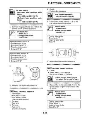 Page 414ELECTRICAL COMPONENTS
8-95
▼▼▼▼▼▼▼▼▼▼▼▼▼▼▼▼▼▼▼▼▼▼▼▼▼▼▼▼▼▼
a. Connect the pocket tester (Ω × 100) to the 
oil level switch terminal as shown.
b. Measure the pickup coil resistance.
▲▲▲▲▲▲▲▲▲▲▲▲▲▲▲▲▲▲▲▲▲▲▲▲▲▲▲▲▲▲
EAS28230
CHECKING THE FUEL SENDER
1. Disconnect:
 Fuel pump coupler
 Fuel sender coupler
(from the wire harness)
2. Remove:
 Fuel tank
3. Remove:
 Fuel pump
(from the fuel tank)4. Check:
 Fuel sender resistance
▼▼▼▼▼▼▼▼▼▼▼▼▼▼▼▼▼▼▼▼▼▼▼▼▼▼▼▼▼▼
a. Connect the pocket tester (Ω × 1) to the 
fuel...