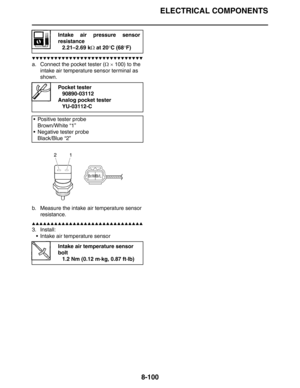 Page 419ELECTRICAL COMPONENTS
8-100
▼▼▼▼▼▼▼▼▼▼▼▼▼▼▼▼▼▼▼▼▼▼▼▼▼▼▼▼▼▼
a. Connect the pocket tester (Ω × 100) to the 
intake air temperature sensor terminal as 
shown.
b. Measure the intake air temperature sensor 
resistance.
▲▲▲▲▲▲▲▲▲▲▲▲▲▲▲▲▲▲▲▲▲▲▲▲▲▲▲▲▲▲
3. Install:
 Intake air temperature sensor
Intake air pressure sensor
resistance
2.21–2.69 kΩ at 20°C (68°F)
Pocket tester
90890-03112
Analog pocket tester
YU-03112-C
 Positive tester probe
Brown/White “1”
 Negative tester probe
Black/Blue “2”
Intake air...