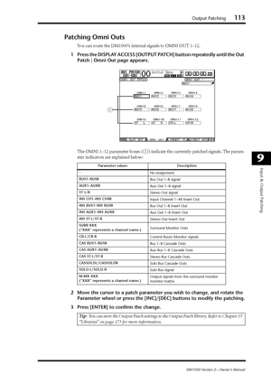 Page 113Output Patching113
DM1000 Version 2—Owner’s Manual
9
Input & Output Patching
Patching Omni Outs
You can route the DM1000’s internal signals to OMNI OUT 1–12.
1Press the DISPLAY ACCESS [OUTPUT PATCH] button repeatedly until the Out 
Patch | Omni Out page appears.
The OMNI 1–12 parameter boxes (
1) indicate the currently-patched signals. The param-
eter indicators are explained below:
2Move the cursor to a patch parameter you wish to change, and rotate the 
Parameter wheel or press the [INC]/[DEC] buttons...