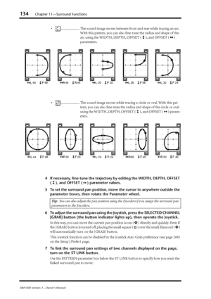 Page 134134Chapter 11—Surround Functions
DM1000 Version 2—Owner’s Manual
•...................... The sound image moves between front and rear while tracing an arc. 
With this pattern, you can also ﬁne-tune the radius and shape of the 
arc using the WIDTH, DEPTH, OFFSET ( ), and OFFSET ( ) 
parameters.
•...................... The sound image moves while tracing a circle or oval. With this pat-
tern, you can also ﬁne-tune the radius and shape of the circle or oval 
using the WIDTH, DEPTH, OFFSET ( ), and OFFSET (...