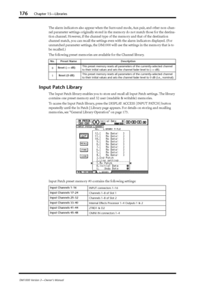 Page 176176Chapter 15—Libraries
DM1000 Version 2—Owner’s Manual
The alarm indicators also appear when the Surround mode, Aux pair, and other non-chan-
nel parameter settings originally stored in the memory do not match those for the destina-
tion channel. However, if the channel type of the memory and that of the destination 
channel match, you can recall the settings even with the alarm indicators displayed. (For 
unmatched parameter settings, the DM1000 will use the settings in the memory that is to 
be...