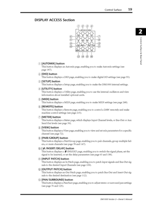 Page 19Control Surface19
DM1000 Version 2—Owner’s Manual
2
Control Surface & Rear Panel
DISPLAY ACCESS Section
A[AUTOMIX] button
This button displays an Automix page, enabling you to make Automix settings (see 
page 187).
B[DIO] button
This button displays a DIO page, enabling you to make digital I/O settings (see page 55).
C[SETUP] button
This button displays a Setup page, enabling you to make the DM1000 internal settings.
D[UTILITY] button
This button displays a Utility page, enabling you to use the internal...