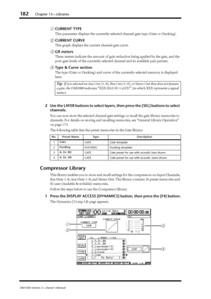 Page 182182Chapter 15—Libraries
DM1000 Version 2—Owner’s Manual
ACURRENT TYPE
This parameter displays the currently-selected channel gate type (Gate or Ducking).
BCURRENT CURVE
This graph displays the current channel gate curve.
CGR meters
These meters indicate the amount of gain reduction being applied by the gate, and the 
post-gate levels of the currently-selected channel and its available pair partner.
DType & Curve section
The type (Gate or Ducking) and curve of the currently-selected memory is displayed...