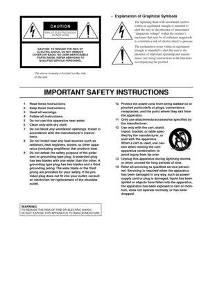 Page 3 The above warning is located on the side 
of the unit  •  Explanation of Graphical Symbols 
The lightning ﬂash with arrowhead symbol 
within an equilateral triangle is intended to 
alert the user to the presence of uninsulated 
“dangerous voltage” within the product’s 
enclosure that may be of sufﬁcient magnitude 
to constitute a risk of electric shock to persons.
The exclamation point within an equilateral 
triangle is intended to alert the user to the 
presence of important operating and mainte-
nance...