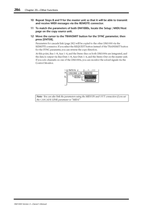 Page 286286Chapter 20—Other Functions
DM1000 Version 2—Owner’s Manual
10 Repeat Steps 8 and 9 for the master unit so that it will be able to transmit 
and receive MIDI messages via the REMOTE connector.
11 To match the parameters of both DM1000s, locate the Setup | MIDI/Host 
page on the copy source unit.
12 Move the cursor to the TRANSMIT button for the SYNC parameter, then 
press [ENTER].
Parameters for cascade link (page 282) will be copied to the other DM1000 via the 
REMOTE connector. If you select the...