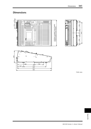 Page 341Dimensions341
DM1000 Version 2—Owner’s Manual
Appendix
Dimensions
Unit: mm
436(Included Screw heads) 430(Not included Screw heads)
112
32
565
585
156280
200
374101
154
87
154
355
 