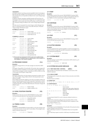 Page 361MIDI Data Format361
DM1000 Version 2—Owner’s Manual
Appendix
Transmission
If [TABLE] is selected, operating a parameter specified in the [Control assign ta-
ble] will cause these messages to be transmitted if [Control Change Tx] is ON. 
The parameters that can be specified are defined in the Control Change Assign 
Parameter List.
If [NRPN] is selected, operating a specified parameter will cause data to be 
transmitted on the [Tx CH] if [Control Change Tx] is ON, using the four mes-
sages NRPN control...