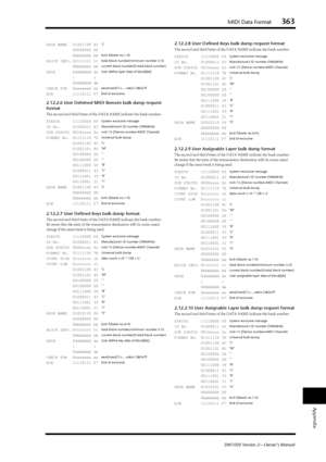 Page 363MIDI Data Format363
DM1000 Version 2—Owner’s Manual
Appendix
2.12.2.6 User Defeined MIDI Remote bulk dump request 
format
The second and third bytes of the DATA NAME indicate the bank number.
2.12.2.7 User Deﬁned Keys bulk dump format
The second and third bytes of the DATA NAME indicate the bank number.
Be aware that the state of the transmission destination will (in some cases) 
change if the same bank is being used.
2.12.2.8 User Deﬁned Keys bulk dump request format
The second and third bytes of the...