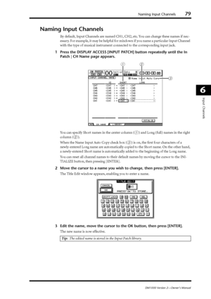 Page 79Naming Input Channels79
DM1000 Version 2—Owner’s Manual
6
Input Channels
Naming Input Channels
By default, Input Channels are named CH1, CH2, etc. You can change these names if nec-
essary. For example, it may be helpful for mixdown if you name a particular Input Channel 
with the type of musical instrument connected to the corresponding input jack.
1Press the DISPLAY ACCESS [INPUT PATCH] button repeatedly until the In 
Patch | CH Name page appears.
You can specify Short names in the center column (
1)...