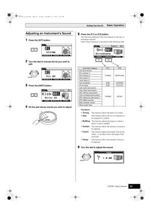 Page 31DTX700  Owner’s Manual31
Basic OperationBuilding Your Own Kit
1Press the [KIT] button.
2Turn the dial to choose the kit you wish to 
edit.
3Press the [INST] button.
4Hit the pad whose sound you wish to adjust.
5Press the [F1] or [F2] button.
The functions displayed at th is time depend on the type of 
instrument selected.
Each of these functions is described in the following table. 
Functions
 Tuning: This function allows the drum to be tuned.
 This function allows the  size (or diameter) to 
be changed...