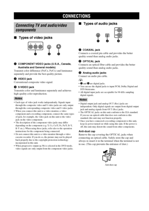 Page 1814
CONNECTIONS
Connecting TV and audio/video
components
Types of video jacks
1COMPONENT VIDEO jacks (U.S.A., Canada,
Australia and General models)
Transmit color difference (P
B/CB, PR/CR) and luminance
separately and provide the best quality picture.
2VIDEO jack
Conventional composite video signal.
3S VIDEO  jack
Transmits color and luminance separately and achieves
high-quality color reproduction.
Notes
• Each type of video jack works independently. Signals input
through the composite video and S...