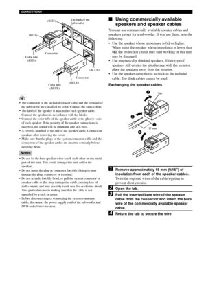 Page 2218
CONNECTIONS
y
•The connector of the included speaker cable and the terminal of
the subwoofer are classified by color. Connect the same colors.
•The label of the speaker is attached to each speaker cable.
Connect the speakers in accordance with the labels.
•Connect the color tube of the speaker cable to the plus (+) side
of each speaker. If the polarity of the speaker connections is
incorrect, the sound will be unnatural and lack bass.
•A cover is attached to the end of the speaker cable. Connect the...