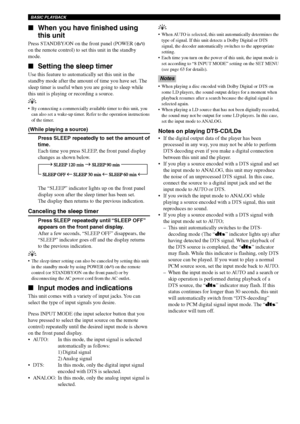 Page 2622
BASIC PLAYBACK
When you have finished using
this unit
Press STANDBY/ON on the front panel (POWER ()
on the remote control) to set this unit in the standby
mode.
Setting the sleep timer
Use this feature to automatically set this unit in the
standby mode after the amount of time you have set. The
sleep timer is useful when you are going to sleep while
this unit is playing or recording a source.
y
•By connecting a commercially available timer to this unit, you
can also set a wake-up timer. Refer to the...