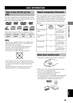 Page 3329
PLAYING A DISC
English
Region management information
This unit is designed to meet DVD standard that supports
region management system. Check the regional code
number marked on the disc packages. If the number does
not match this unit’s region number (see the table shown
below or the back of this unit), this unit refuses to play
that disc.
Notes about handling discs
•Hold discs by touching only the edges or center hole.
•When a disc is not currently being loaded on the disc
tray, store it in an...