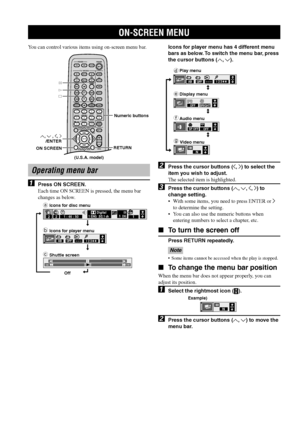 Page 3834
ON-SCREEN MENU
You can control various items using on-screen menu bar.
Operating menu bar
1Press ON SCREEN.
Each time ON SCREEN is pressed, the menu bar
changes as below.Icons for player menu has 4 different menu
bars as below. To switch the menu bar, press
the cursor buttons (u, d).
2Press the cursor buttons (j, i) to select the
item you wish to adjust.
The selected item is highlighted.
3Press the cursor buttons (u, d, j, i) to
change setting.
•With some items, you need to press ENTER or i
to...
