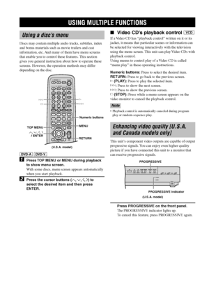 Page 4238
USING MULTIPLE FUNCTIONS
Using a disc’s menu
Discs may contain multiple audio tracks, subtitles, index
and bonus materials such as movie trailers and cast
information, etc. And many of them have menu screens
that enable you to control these features. This section
gives you general instruction about how to operate these
screens. However, the operation methods may differ
depending on the disc.
DVD-A DVD-V
1Press TOP MENU or MENU during playback
to show menu screen.
With some discs, menu screen appears...