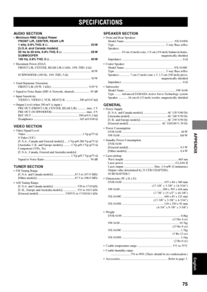 Page 7975
APPENDIX
English
SPECIFICATIONS
AUDIO SECTION•Minimum RMS Output Power
FRONT L/R, CENTER, REAR L/R
1 kHz, 0.9% THD, 6 Ω ........................................................33 W
[U.S.A. and Canada models]
20 Hz to 20 kHz, 0.9% THD, 6 Ω .....................................25 W
SUBWOOFER
100 Hz, 0.9% THD, 5 Ω ......................................................40 W
• Maximum Power (EIAJ)
FRONT L/R, CENTER, REAR L/R (1 kHz, 10% THD, 6 Ω)...