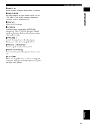 Page 95
CONTROLS AND FUNCTIONS
INTRODUCTION
English
0INPUT H/G
Selects the input source you want to listen to or watch.
qINPUT MODE
Sets the priority for the types of input signals (AUTO,
DTS, ANALOG) to receive when one component is
connected to two or more input jacks.
wDSP H/G
Selects the DSP program.
eSTEREO
Switches between normal stereo and DSP effect
reproduction. When STEREO is selected, 2-channel
signals are directed to the front left and right speakers
without effect sounds.
rVOLUME +/–
Controls the...