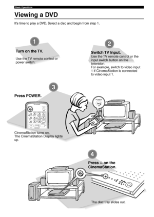 Page 1410
POWER
TVPOWERPOWER
AUDIO
/DTSSELECT
NIGHTSW
TV CHTV INPUTA  B  C  D  E
CENTERSURR
SHIFT
STEREO MATRIX 6.1A-BREPEAT
ANGLESUBTITLE
DVR-S120 WB56650
Basic Operations
Viewing a DVD
It’s time to play a DVD. Select a disc and begin from step 1.
Turn on the TV.
Use the TV remote control or
power switch.
Switch TV  Input.
Use the TV remote control or the
input switch button on the
television.
For example, switch to video input
1 if CinemaStation is connected
to video input 1.
Press POWER.
CinemaStation turns...