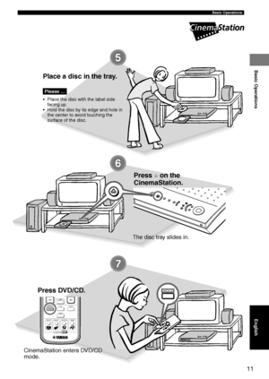 Page 1511
Basic Operations
DVD/CD
CINEMA
AMP
DVD/CD
VCRVIDEO
TUNER
MOVIE MUSIC SPORTS GAMEEnglish
Basic Operations
Place a disc in the tray.
•Place the disc with the label side
facing up.
•Hold the disc by its edge and hole in
the center to avoid touching the
surface of the disc.
Please ...
Press f on the
CinemaStation.
The disc tray slides in.
Press DVD/CD.
CinemaStation enters DVD/CD
mode.
004DVX-S120-en03.8.5, 1:41 PM 11
 