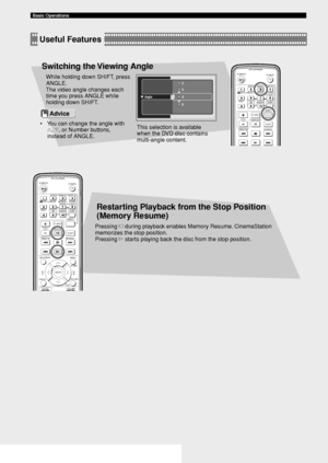 Page 181414
Basic Operations
Handy FeaturesHandy Features
TVPOWERPOWER
AUDIO
/DTSSELECT
NIGHTSW
TV CHTV INPUTSLEEPPRESET PRESET
A  B  C  D  E
CENTERSURR
SHIFT
STEREO
MATRIX 6.1A-BREPEAT
ANGLESUBTITLE
DVR-S120 WB56650
TV
CH
CH
POWERPOWER
AUDIO
/DTSSELECT
NIGHTSW
TV CH TV INPUTSLEEPPRESET PRESET
A  B  C  D  E
CENTERSURR
SHIFT
STEREO
MATRIX 6.1A-BREPEAT
ANGLESUBTITLE
DVR-S120 WB56650
ON SCREEN MENU
TESTRETURN
STATUS
TV VOL VOLUME
SET MENU
ENTER
Useful Features
Switching the Viewing Angle
While holding down SHIFT,...