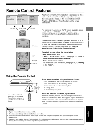 Page 2521
Advanced Features
Advanced Features
30°30°
Remote Control Features
As shown on the left, CinemaStation is composed of three
main parts. Remote Control button operations change
depending on the mode, so it is possible to control all
Amplifier, DVD/CD and Tuner functions with a single
remote unit.
For example, in Amp mode the “3” button is used to select
Matrix 6.1, but in DVD/CD mode, it functions as a
numerical button that specifies time, track and other
numbers.
The Remote Control can also operate a...