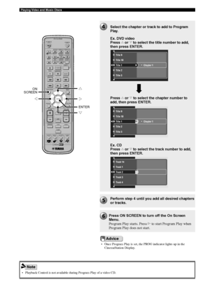 Page 3632
Playing Video and Music Discs
TV
CH
CINEMA
CH
POWERPOWER
AUDIO
/DTSSELECT
NIGHTSW
TV CHTV INPUTSLEEPPRESET PRESET
A  B  C  D  E
CENTERSURR
SHIFT
STEREO MATRIX 6.1A-BREPEAT
ANGLESUBTITLE
DVR-S120 WB56650
ON SCREEN MENU
TESTRETURN
STATUS
TV VOLVOLUMEMUTE
AMP
DVD/CD
VCRVIDEO
TUNER
MOVIE MUSIC SPORTS GAME
SET MENU
ENTER
g h
ON
SCREEN
ENTER
gg
• Playback Control is not available during Program Play of a video CD.
Press ON SCREEN to turn off the On Screen
Menu.
Program Play starts. Press w to start Program...