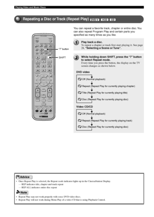 Page 3834
Playing Video and Music Discs
You can repeat a favorite track, chapter or entire disc. You
can also repeat Program Play and certain parts you
specified as many times as you like.
TV
CH
CINEMA
CH
POWERPOWER
AUDIO
/DTSSELECT
NIGHTSW
TV CHTV INPUTSLEEPPRESET PRESET
A  B  C  D  E
CENTERSURR
SHIFT
STEREO MATRIX 6.1A-BREPEAT
ANGLESUBTITLE
DVR-S120 WB56650
ON SCREEN MENU
TESTRETURN
STATUS
TV VOLVOLUMEMUTE
AMP
DVD/CD
VCRVIDEO
TUNER
MOVIE MUSIC SPORTS GAME
SET MENU
ENTER
SHIFT
• Once Repeat Play is selected,...