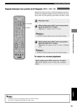 Page 3935
Playing Video and Music Discs
Playing Video and Music Discs
English
• A-B Repeat may not work properly with some DVD video discs.
• You can use A-B Repeat only within one track or title.
TV
CH
CINEMA
CH
POWERPOWER
AUDIO
/DTSSELECT
NIGHTSW
TV CHTV INPUTSLEEPPRESET PRESET
A  B  C  D  E
CENTERSURR
SHIFT
STEREO MATRIX 6.1A-BREPEAT
ANGLESUBTITLE
DVR-S120 WB56650
ON SCREEN MENU
TESTRETURN
STATUS
TV VOLVOLUMEMUTE
AMP
DVD/CD
VCRVIDEO
TUNER
MOVIE MUSIC SPORTS GAME
SET MENU
ENTER
SHIFT
Repeat between two points...