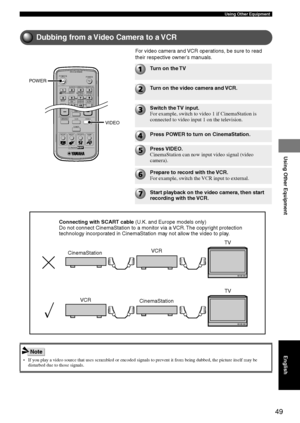 Page 5349
Using Other Equipment
Using Other Equipment
English
Dubbing from a Video Camera to a VCR
For video camera and VCR operations, be sure to read
their respective owner’s manuals.
TVPOWERPOWER
AUDIO
/DTSSELECT
NIGHTSWCENTERSURR
SHIFT
STEREO MATRIX 6.1A-BREPEAT
ANGLESUBTITLE
DVR-S120 WB56650
CINEMA
AMP
DVD/CD
VCRVIDEO
TUNER
MOVIE MUSIC SPORTS GAME
POWER
VIDEO
Turn on the TV
Start playback on the video camera, then start
recording with the VCR. Prepare to record with the VCR.
For example, switch the VCR...