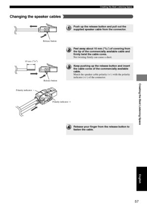 Page 6157
Creating the Best Listening Space
Creating the Best Listening Space
Push up the release button and pull out the
supplied speaker cable from the connector.
Peel away about 10 mm (
13/32) of covering from
the tip of the commercially available cable and
firmly twist the cable cores.
Not twisting firmly can cause a short.
Keep pushing up the release button and insert
the cable cores of the commercially available
cable.
Match the speaker cable polarity (+/-) with the polarity
indicator (+/-) of the...