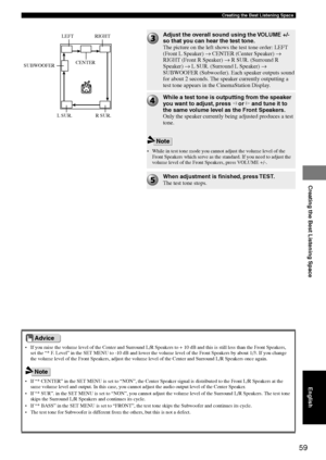 Page 6359
Creating the Best Listening Space
Creating the Best Listening Space
• If you raise the volume level of the Center and Surround L/R Speakers to + 10 dB and this is still less than the Front Speakers,
set the “* F. Level” in the SET MENU to -10 dB and lower the volume level of the Front Speakers by about 1/3. If you change
the volume level of the Front Speakers, adjust the volume level of the Center and Surround L/R Speakers once again.
Adjust the overall sound using the VOLUME +/-
so that you can hear...