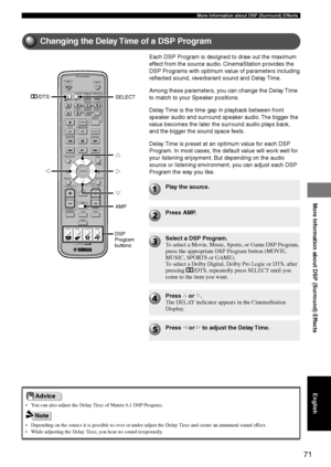 Page 7571
More Information about DSP (Surround) Effects
More Information about DSP (Surround) Effects
Changing the Delay Time of a DSP Program
TV
CH
CINEMA
CH
POWERPOWER
AUDIO
/DTSSELECT
NIGHTSW
TV CHTV INPUTSLEEPPRESET PRESET
A  B  C  D  E
CENTERSURR
SHIFT
STEREO MATRIX 6.1A-BREPEAT
ANGLESUBTITLE
DVR-S120 WB56650
ON SCREEN MENU
TESTRETURN
STATUS
TV VOLVOLUMEMUTE
AMP
DVD/CD
VCRVIDEO
TUNER
MOVIE MUSIC SPORTS GAME
SET MENU
ENTER
AMP
SELECT q/DTS
g h
gg
• You can also adjust the Delay Time of Matrix 6.1 DSP...