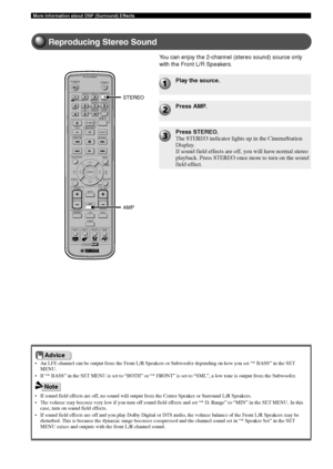 Page 7874
More Information about DSP (Surround) Effects
Reproducing Stereo Sound
TV
CH
CINEMA
CH
POWERPOWER
AUDIO
/DTSSELECT
NIGHTSW
TV CHTV INPUTSLEEPPRESET PRESET
A  B  C  D  E
CENTERSURR
SHIFT
STEREO MATRIX 6.1A-BREPEAT
ANGLESUBTITLE
DVR-S120 WB56650
ON SCREEN MENU
TESTRETURN
STATUS
TV VOLVOLUMEMUTE
AMP
DVD/CD
VCRVIDEO
TUNER
MOVIE MUSIC SPORTS GAME
SET MENU
ENTER
AMP
STEREO
• An LFE channel can be output from the Front L/R Speakers or Subwoofer depending on how you set “* BASS” in the SET
MENU.
• If “* BASS”...