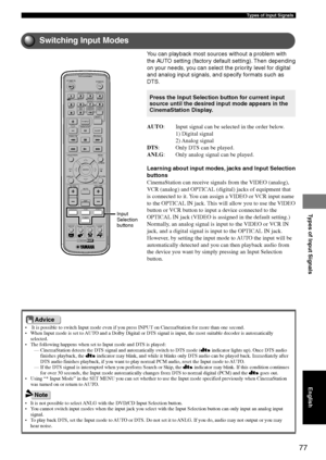 Page 81Types of Input Signals
77
Types of Input Signals
Switching Input Modes
TV
CH
CINEMA
CH
POWERPOWER
AUDIO
/DTSSELECT
NIGHTSW
TV CHTV INPUTSLEEPPRESET PRESET
A  B  C  D  E
CENTERSURR
SHIFT
STEREO MATRIX 6.1A-BREPEAT
ANGLESUBTITLE
DVR-S120 WB56650
ON SCREEN MENU
TESTRETURN
STATUS
TV VOLVOLUMEMUTE
AMP
DVD/CD
VCRVIDEO
TUNER
MOVIE MUSIC SPORTS GAME
SET MENU
ENTER
•  It is possible to switch Input mode even if you press INPUT on CinemaStation for more than one second.
• When Input mode is set to AUTO and a Dolby...