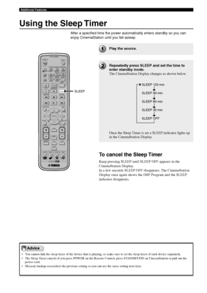 Page 8278
Additional Features
Using the Sleep Timer
After a specified time the power automatically enters standby so you can
enjoy CinemaStation until you fall asleep.
TV
CH
CINEMA
CH
POWERPOWER
AUDIO
/DTSSELECT
NIGHTSW
TV CHTV INPUTSLEEPPRESET PRESET
A  B  C  D  E
CENTERSURR
SHIFT
STEREO MATRIX 6.1A-BREPEAT
ANGLESUBTITLE
DVR-S120 WB56650
ON SCREEN MENU
TESTRETURN
STATUS
TV VOLVOLUMEMUTE
AMP
DVD/CD
VCRVIDEO
TUNER
MOVIE MUSIC SPORTS GAME
SET MENU
ENTER
SLEEP
• You cannot link the sleep timer of the device that...