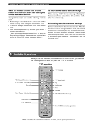 Page 8884
Operating Other Equipment with the CinemaStation Remote Control
Available Operations
While you set the manufacturer code for the TV or VCR button, you can use
the following functions after you press the TV or VCR button.
TV
CH
CINEMA
CH
POWERPOWER
AUDIO
/DTSSELECT
NIGHTSW
TV CHTV INPUTSLEEPPRESET PRESET
A  B  C  D  E
CENTERSURR
SHIFT
STEREO MATRIX 6.1A-BREPEAT
ANGLESUBTITLE
DVR-S120 WB56650
ON SCREEN MENU
TESTRETURN
STATUS
TV VOLVOLUMEMUTE
AMP
DVD/CD
VCRVIDEO
TUNER
MOVIE MUSIC SPORTS GAME
SET MENU...