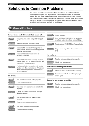 Page 10096
Appendix
Solutions to Common Problems
Be sure to check the points below if CinemaStation doesn’t seem to be
working normally for you. If you notice something wrong that is not listed
below and you have already tried some solutions with no success, turn off
the CinemaStation power, remove the power plug from the outlet and contact
the store where you purchased the product or your nearest YAMAHA sound
products service center and ask for assistance.
General Problems
Power turns on but immediately shuts...