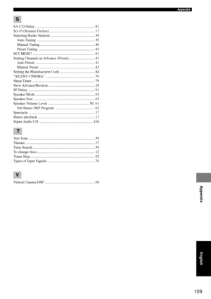 Page 113109
Appendix
Appendix
English
S
SA-CD Delay ................................................................ 91
Sci-Fi (Science Fiction) ................................................. 17
Selecting Radio Stations ................................................ 39Auto Tuning ............................................................... 39
Manual Tuning ........................................................... 40
Preset Tuning ............................................................. 43
SET MENU...