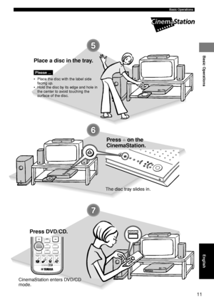 Page 1511
Basic Operations
DVD/CD
CINEMA
AMP
DVD/CDVCRVIDEO 1
VIDEO 2
TUNER
MD/CD-R
MOVIE MUSIC SPORTS GAMEEnglish
Basic Operations
Place a disc in the tray.
• Place the disc with the label side
facing up.
• Hold the disc by its edge and hole in
the center to avoid touching the
surface of the disc.
Please ...
Press f on the
CinemaStation.
The disc tray slides in.
Press DVD/CD.
CinemaStation enters DVD/CD
mode.
004DVX-S200-en 04.3.1, 11:10 AM
11
 