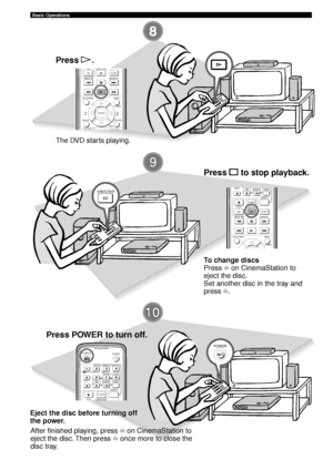 Page 1612
Basic Operations
A  B  C  D  E
POWER
CH
CH
TV CHSLEEPPRESET PRESET
A  B  C  D  E
ON SCREEN MENU
TESTRETURN
STATUS
TV VOL VOLUME
SET MENU
ENTER
NIGHTSW
TV CHTV INPUTSLEEPPRESET PRESET
A  B  C  D  E
CENTERSURR
SHIFT
ON SCREEN MENU
SET MENU
TVPOWERPOWER
AUDIO
/DTSSELECT
NIGHTSW
TV CH TV INPUTABCDE
CENTERSURR
SHIFT
STEREO
MATRIX 6.1A-BREPEAT
ANGLESUBTITLE
DVR-S200 WB56620
Press  p.
The DVD starts playing.
Press  s to stop playback.
To change discs
Press  f on CinemaStation to
eject the disc.
Set another...