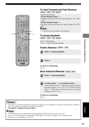 Page 3329
Playing Video and Music Discs
Playing Video and Music Discs
• You can also use the On Screen Menu to operate Frame Advance, Fast Forward/Reverse and Slow Advance/Reverse. In additionto those, you can use Frame Reverse from the On Screen Menu.
See page 93, “Using the On Screen Menu”.
• The Skip feature may not work properly when using Playback Control on pa\
ge 36 to play a video CD.
• If you use Fast Forward/Reverse while playing a Dolby Digital or DTS dis\
c, the Speakers do not output any sound.
•...