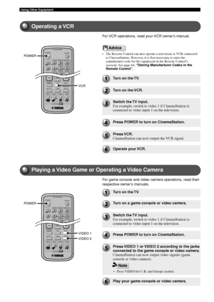 Page 5248
Using Other Equipment
Operating a VCR
For VCR operations, read your VCR owner’s manual.
TVPOWERPOWER
AUDIO
/DTSSELECT
NIGHTSWCENTERSURR
SHIFT
STEREO
MATRIX 6.1A-BREPEAT
ANGLESUBTITLE
DVR-S200 WB56620
CINEMA
AMP
DVD/CD
VCRVIDEO 1
VIDEO 2
TUNER
MD/CD-R
MOVIE MUSIC SPORTS GAME
POWER
VCR
TVPOWERPOWER
AUDIO
/DTSSELECT
NIGHTSWCENTERSURR
SHIFT
STEREO
MATRIX 6.1A-BREPEAT
ANGLESUBTITLE
DVR-S200 WB56620
CINEMA
AMP
DVD/CD
VCRVIDEO 1
VIDEO 2
TUNER
MD/CD-R
MOVIE MUSIC SPORTS GAME
POWER
VIDEO 1
VIDEO 2
Advice
• The...