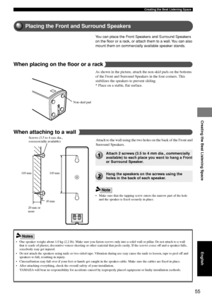 Page 5955
Creating the Best Listening Space
Creating the Best Listening Space
English
• One speaker weighs about 1.0 kg (2.2 lb). Make sure you fasten screws \
only into a solid wall or pillar. Do not attach to a wall
that is made of plaster, decorative veneer sheeting or other material that peels easily. If the screws come off and a speaker f alls,
somebody may get injured.
• Do not attach the speakers using nails or two-sided tape. Vibration during use may cause the nails to loosen, tape to peel off  and...