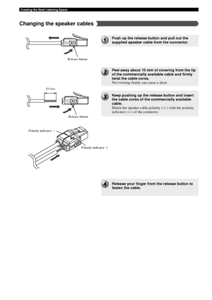 Page 6258
Creating the Best Listening Space
Push up the release button and pull out the
supplied speaker cable from the connector.
Peel away about 10 mm of covering from the tip
of the commercially available cable and firmly
twist the cable cores.
Not twisting firmly can cause a short.
Keep pushing up the release button and insert
the cable cores of the commercially available
cable.
Match the speaker cable polarity (+/-) with the polarity
indicator (+/-) of the connector.
Release your finger from the release...